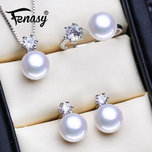 Wedding Jewelry Sets FENASY 925 Sterling Silver Jewelry Sets Natural Pearl Necklaces For Women Stud Earrings Classic Crown Pendant Ring 8-9mm 231208