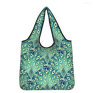 Sacos de compras para a universidade feminina eco shopper grande capacidade durável bolsa de ombro personalizado desdobrar penas de pavão impressão