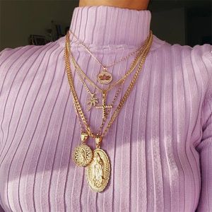 Pendant Necklaces Bohemian Multi layer Necklace for Women Vintage Coco Cross Lotus Virgin Mary Collar Choker Bead Chain Jewelry Gift 231208