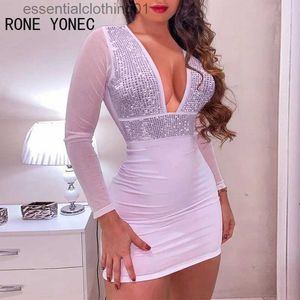 Urban Sexy Dresses Women Solid Sexy Deep V Neck Rhine Long Sles Mesh Patchwork Bodycon Mini Sexy Party White Dresses L231208