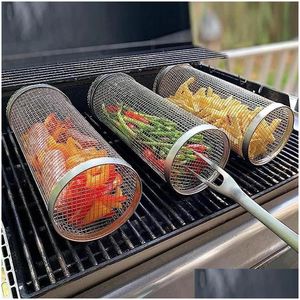 Bbq Tools Accessories Baking Pans Barbecue Griling Basket Stainless Steel Round Shape Roaster Drum Oven Mesh Campfire Gri Homefavor Dhwka