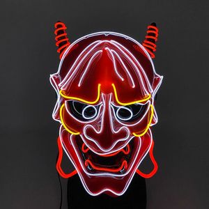 Party Masks Light Up Japanese Oni Devil Mask LED Lysande Prajna Horror Full Face Halloween Bar Props Neon Glowing Demon 231207