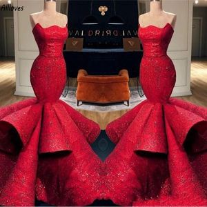 Gorgeous Red Fishtail Ruffles Mermaid Evening Dresses Sexy Strapless Sequins Lace Arabic Aso Ebi Special Occasion Prom Gowns Engagement Formal Party Dress AL3972