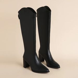 Stivali Plus Size 34-43 Stivali da donna Cerniera Tacchi alti spessi Semplici tacchi alti spessi Autunno Inverno Stivali alti al ginocchio Botas 231207