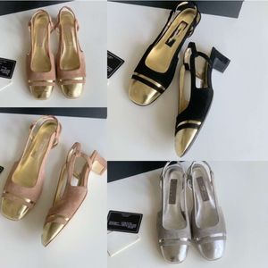 Chanelity Toe Vintage Block Heels Cap Sandalo Slingback per donna Oro Argento Pelle scamosciata Due 2 tonalità Beige Décolleté con tacco nero Scarpe eleganti da festa Mary Jane Tacco ad incastro c Sli