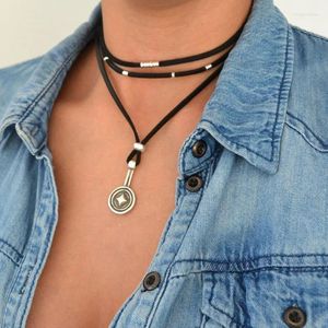 Pendanthalsband Boho Black/Brown Leather Suede Wrap Choker Halsband Mynt Bohemiska silversmycken för kvinnliga gåvor