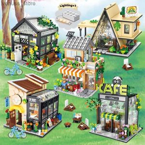 Blöcke Stadt Street View LED Kreative Café Haus Blumenladen Baustein Architektur Licht Ziegel Sets Kinder Spielzeug Mädchen Geschenke R231208