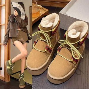 Moda de luxo inverno botas de neve femininas ao ar livre sola grossa peludo quente tornozelo botas designer casual rendas até botas de algodão