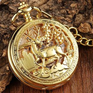 Pocket Watches Golden Hollow Deer Mönster Mekanisk fickklocka Vintage Double Side Steampunk FOB Klocka Male Halsband Kedja Kedja Kvinnor Män 231207