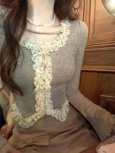 Women's T Shirts 2023 Autumn Pure Color Slim Knitted Sweater Tops Outwear Casual Korean Fashion Blouse Basic Elegant Lace Y2k Clothing Woman