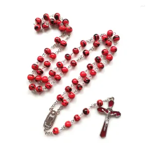 Anhänger-Halsketten QIGO Rotes Muster Keramik-Rosenkranz-Kreuz-Halskette für katholisches Gebetsgeschenk