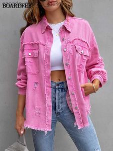 Women's Jackets Women Ripped Denim Jacket Spring Casual Distressed Jean Long Sle Tops with Pockets Ladies Tassels Solid Coat Loose Outwear L231208