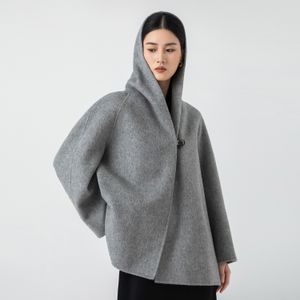 One-button rabbit down wool hooded loose A-line cropped wool coat women's cashmere coat