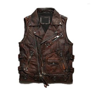 Mäns västar Spring Autumn Black Brown Lapel Motorcykel Kohide ärmlös jacka Diagonal dragkedja Slim Real Leather Vest