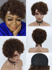 Short Kinky Curly Pixie Cut Wig With Bangs Ombre Color Human Hair Machine Made Lace Wigs For Women
