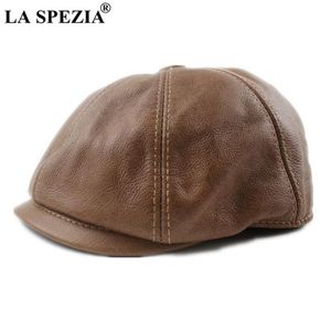 LA SPEZIA Khaki Men's Newsboy HAP Genuine Cowskin Leather Octagonal Cap Male Beret Autumn Winter Men Vintage Duckbill Hats 20247I