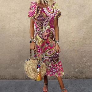 Vestidos casuais boêmio saia longa para senhoras caju flor impressão elegante manga curta oversized moda verão roupas femininas