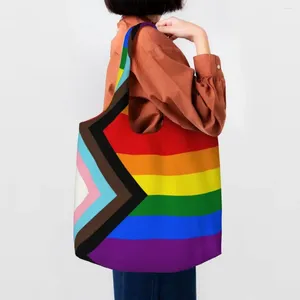 Sacos de compras impressos lgbt progresso orgulho bandeira sacola reciclagem lona shopper ombro gay pogal bolsas presentes