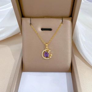 Colares Pingente Colar de Pedra Roxa Meia Lua para Meninas Estrela Crescente com Waterdrop Cristal Luxo Jóias Collier