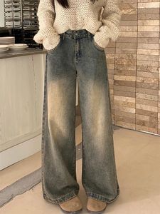 Kadınlar kot pantolon caddesi gündelik mavimsi Amerikan retro hiphop geniş bacak pantolon çift denim pantolon mavi 2000s estetik Japon moda