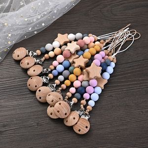 Pacifier Holders Clips# Baby Chain Clips Wood Pentagram Teether Silicone Round Beads Teething For Care Soother Chew Toys Shower Gift 231207