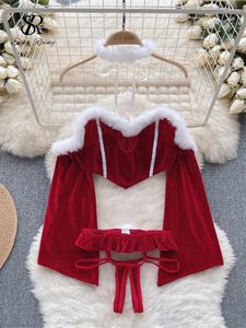 Bras Sets SINGREINY Erotic Christmas Uniform Underwear Sutis Women Strapless Top Open Crotch Briefs Off The Shoulder Sexy Lingerie