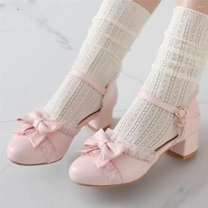 Sukienka buty 2023 Spring Women High Heels Mary Jane Pumps Party Wedding White Pink Beige String Bow Bow Księżniczka Cosplay Lolita 31-43