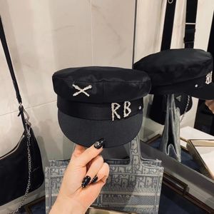 sboy Hats Designer Net Red Explosive Rhinestone Letters RB Satin Navy Hat Casual Breathable Pilot Socialite Cap Flat Top 231208