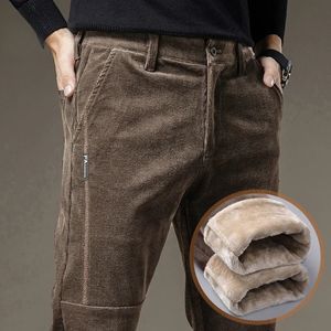 Men's Pants Winter Fleece Warm Corduroy Men Stretch Thick Elastic Waist Fluff Pant Korean Classic Brown Trousers Male Brand Clothing 231207