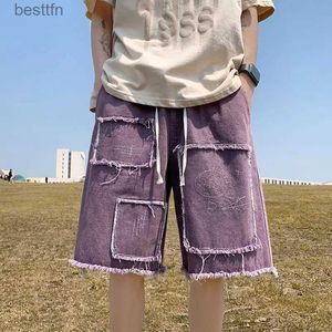 Erkekler Kot Yaz İnce Düzenli Denim Şort Modaya uygun Erkek Yaması Graffiti Capris Gevşek Boyut Hong Kong Tarzı Modeli Orta Pantolon Men'sl231208