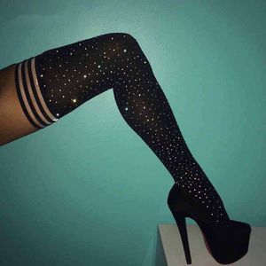 Stövlar sexig bling glitter över knä strumpor långa start mode kvinnliga strass dij hög strumpor cheerleader 220903