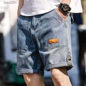 Men's Jeans Men's Summer Slim Loose Fitting Fashion Label Denim Jogger Pants Five Point Fashion Blue Baggy Shorts JeansL231208