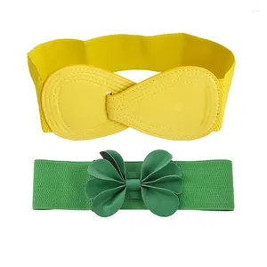 Belts 2 PCS Belt: 1 8-Shaped Faux Leather Buckle Elastic Belt Yellow & Green Flower 7.5Cm Wide Cinch Be