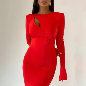 Casual Dresses Red Elegant Long Dress for Women Fashion Hollow Out Slim Maxi Autumn Winter Sleeve Solid Evening Party 2023