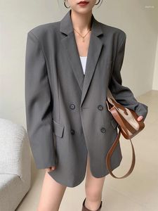 Женские костюмы Серый двубортный пиджак для весенне-осенней одежды Модный высококачественный свободный повседневный костюм