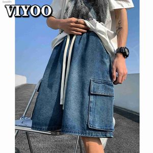 Korean Summer Men's Wide Leg Denim New Fashion Elastic Waist Pocket Baggy Jeans Shorts Cotton Pants Men Brand Clothingl231208