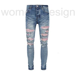 Men's Jeans designer luxury JB New Washed Blue with Hot Pink Bricks and Perforated Slim Fit Straight Hair RJ3B