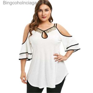 女性用Tシャツルーズルーズプラスサイズ女性チュニックトップストリートオフショルダー特大のバギーツシャツFE衣類大規模4xl女性衣料品
