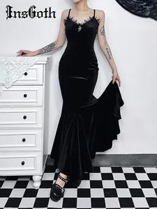 Casual Dresses InsGoth Gothic Mermaid Fishtail Maxi Dress Womens Sexy V Neck Ruched Bodycon Backless Midi Cocktail Wedding Guest