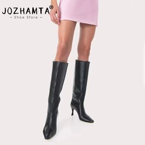 Сапоги JOZHAMTA, размер 34–42, женские сапоги до колена, пикантные туфли из натуральной кожи на тонком высоком каблуке, женские зимние длинные сапоги с острым носком, повседневные офисные 231207