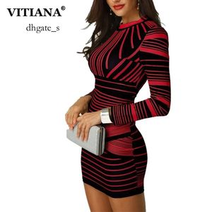 VITIANA Women Short sweater dress Bodycon Party Female Winter Long Sleeve Red Black Striped Print Elegant Pencil Club Casual dresses