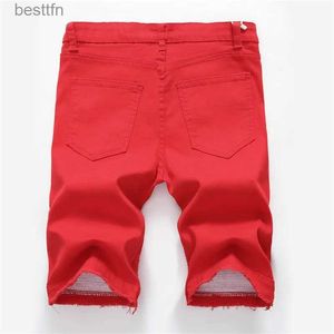 Jeans masculinos 2023 verão novos shorts jeans masculinos roupas de rua tendência personalidade magro calças curtas branco vermelho preto marca roupasl231209