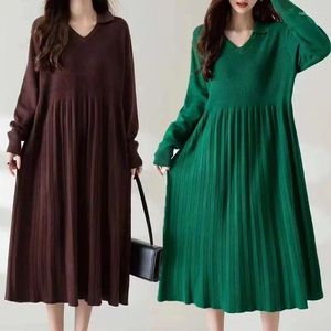 Vestidos casuais mulheres oversize vestido de malha 2023 outono inverno roupas com decote em v retalhos dobras soltas feminino inferior longo camisola