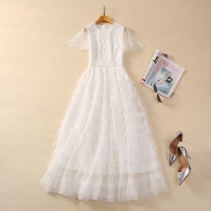 2024 Spring White Solid Color Embroidery Lace Dress Short Sleeve Round Neck Panelled Tiered Long Maxi Casual Dresses S3D041123