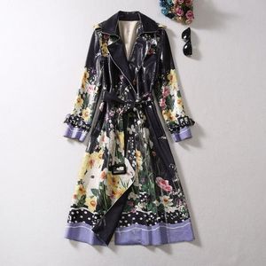 Roupas femininas europeias e americanas 2023 outono novo terno de manga comprida gola polka dot floral impressão moda cinto trench coat xxl