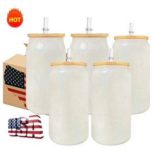 USA warehouse 16oz Frosted Clear Glass Mugs Mason Jars Drinking Travel Cups For Heat Press Printing Tumblers 50pc/Carton