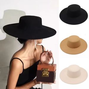 Wide Brim Hats Bucket Autumn Winter Wool Boater Flat Top Hat For Womens Felt Fedora Jazz Cap Classic Bowler Gambler 231208