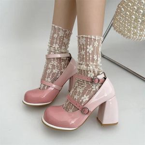 Dress Shoes Women's 2023 Mary Janes High Heels Fashion Buckle Pasp biuro i kariera okrągłe palce kobiety zapatos