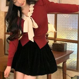 Frauen Pullover Bogen Rüschen Frauen Strickjacken Herbst Winter Koreanische Mode Chic Süße Elegante Patchwork Sueter De Mujer