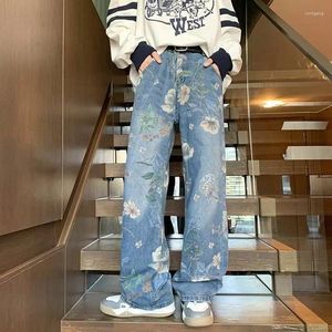 Men's Jeans Man Cowboy Pants Wide Leg Trousers Straight With Print Designer 2023 Fashion Casual Washed Korean Plus Size Cotton